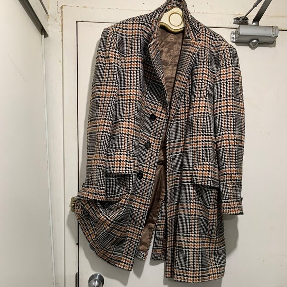 LORO PIANA & C. FABRIC MADE IN ITALY PLAID TWEED TRENCH COATS SIZE L - Picture 3 of 15